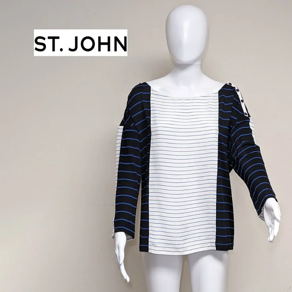 ST. JOHN Viscose/Spandex White & Navy Blue Striped Nautical Top - Picture 1 of 8